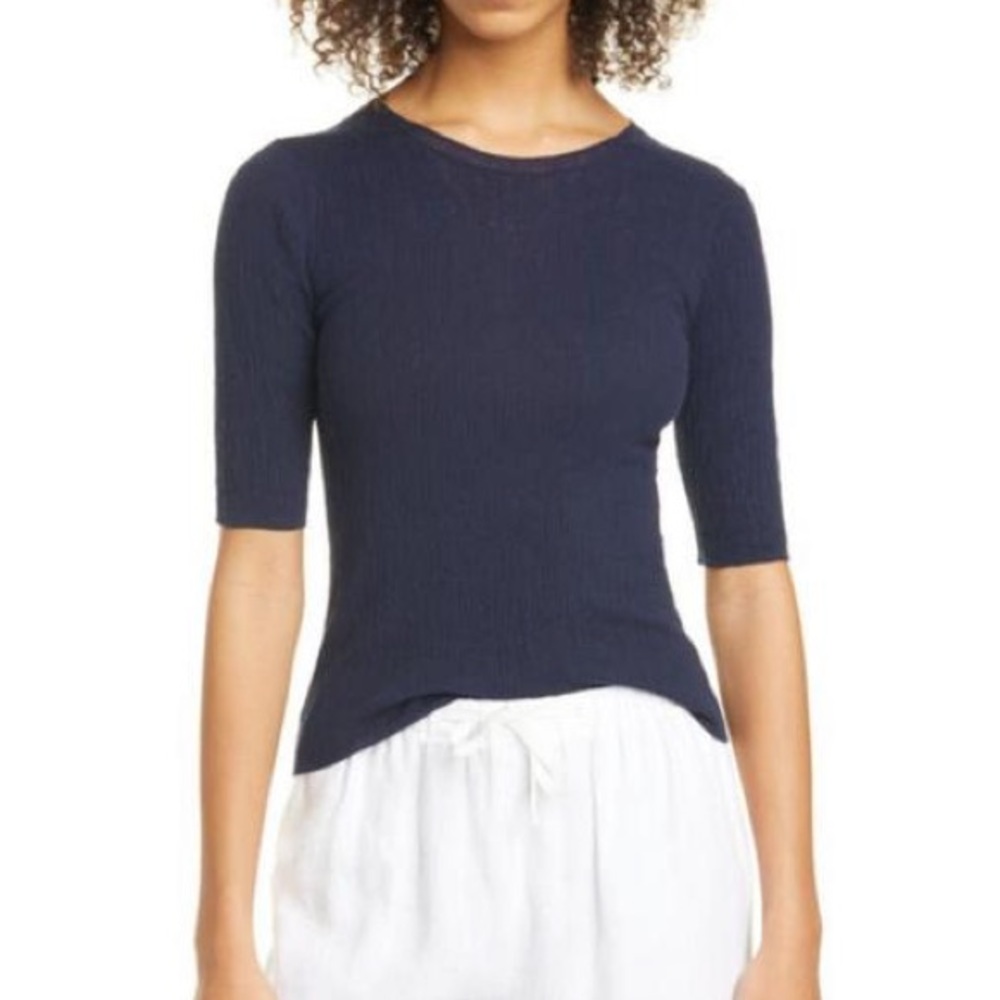 VINCE Broomstick Pleated Cotton Marine Sweater — Size S, Navy Blue